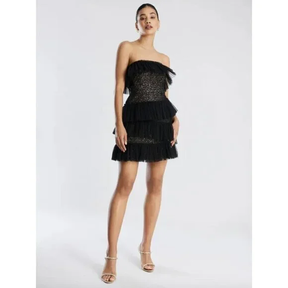 BCBGMAXAZRIA Sequin Lace & Pleated Iba Tulle Black Womens Size 6 - Picture 5 of 15